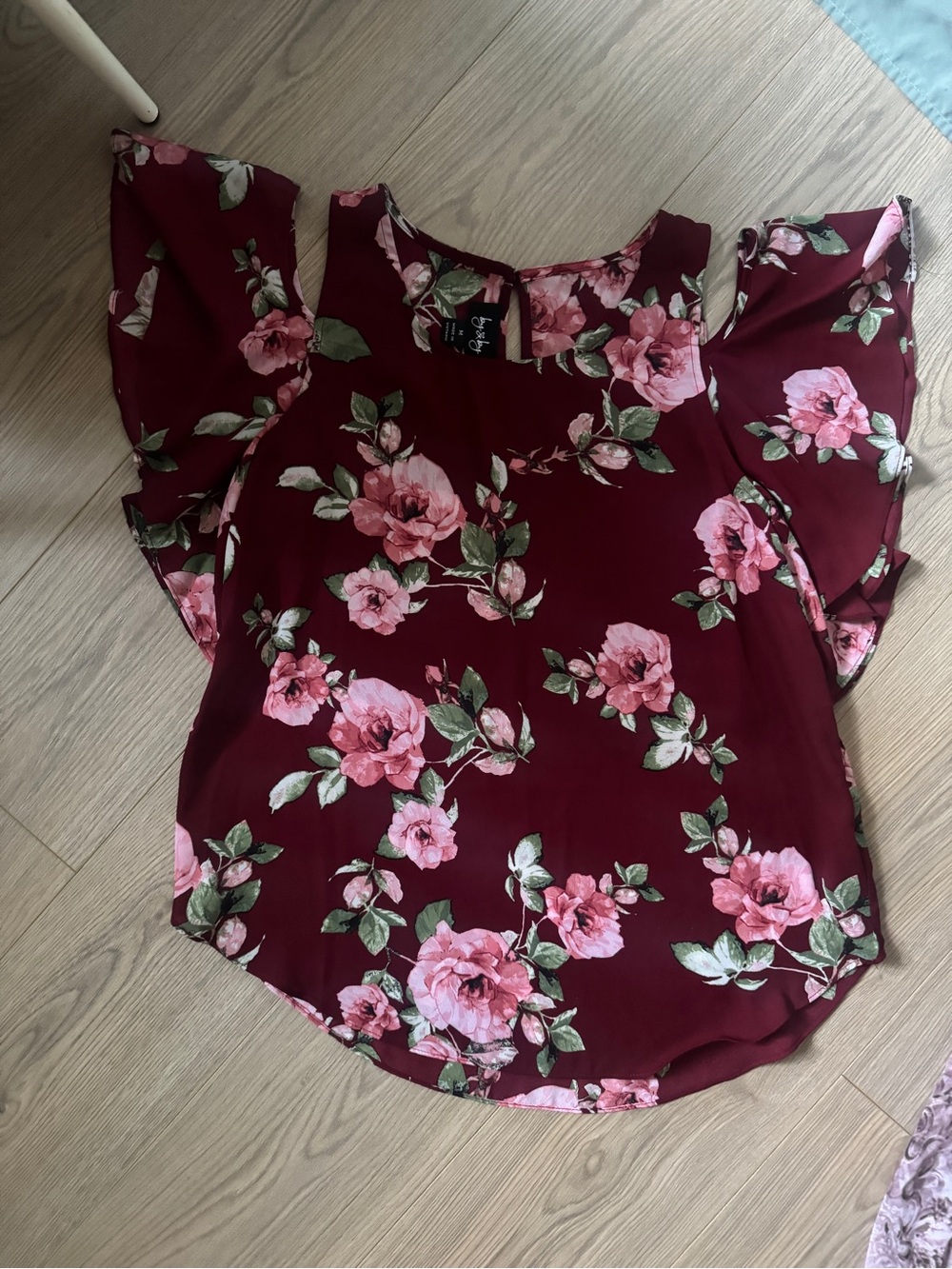 Bwear Burgundy Floral Cold-Shoulder Blouse